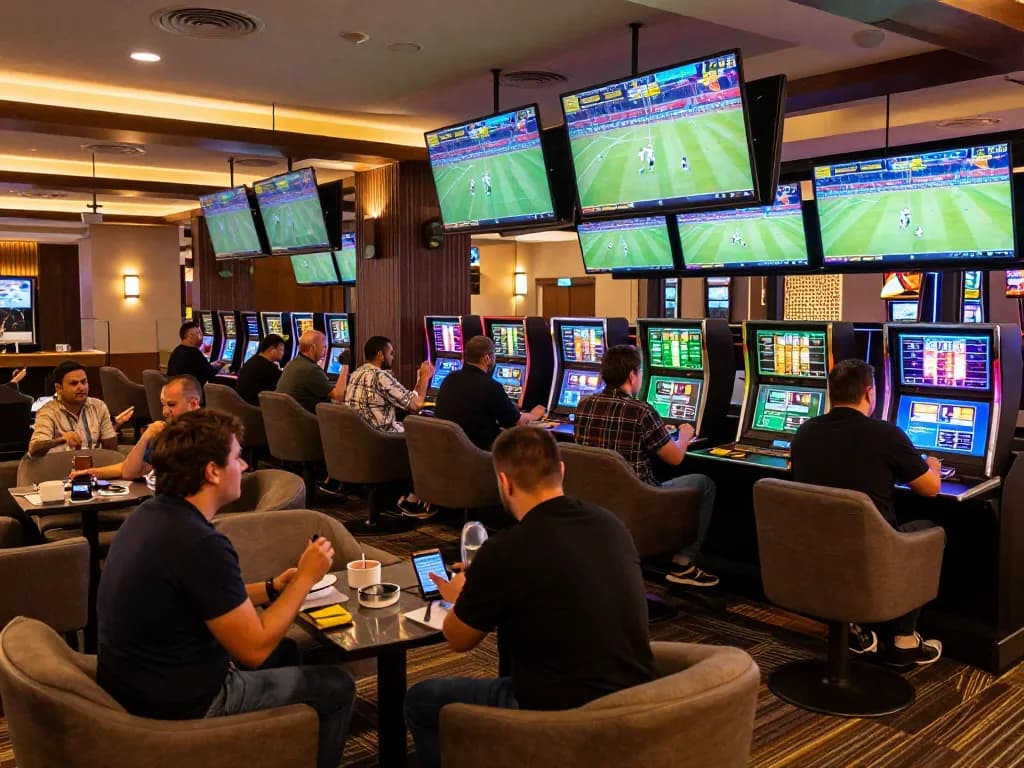 Soi Kèo enthusiasts engaging in live sports betting strategies in a modern casino lounge