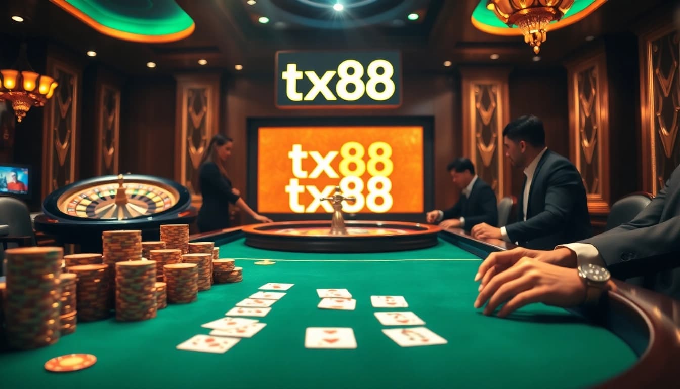 Experience the excitement of tx88 with gamblers at a luxurious poker table.