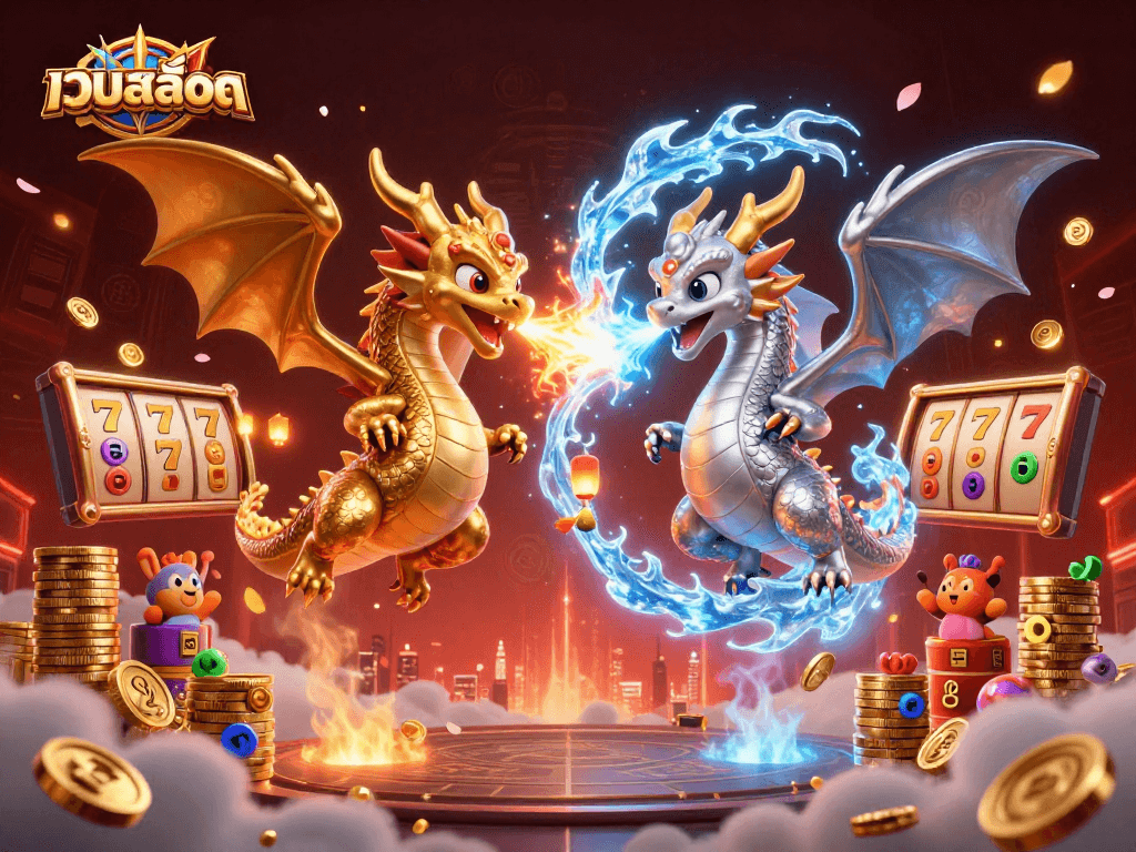 Play เว็บสล็อต with 3D dragons and vibrant casino symbols in a magical scene.
