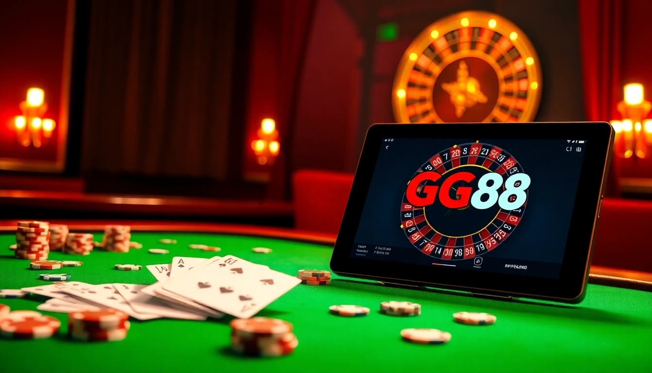 Exciting scene of GG88 online gaming with casino table, cards, and poker chips.