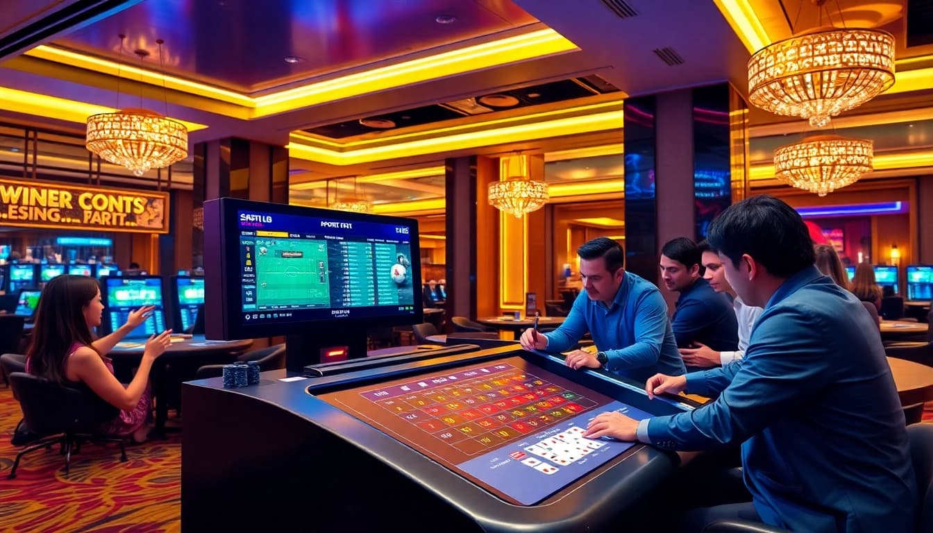 Engaging scene of gamblers strategizing with kèo nhà cái odds in a luxurious casino atmosphere.