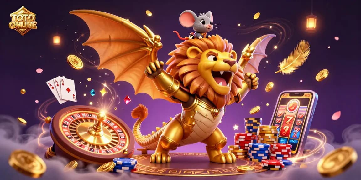 Engage with TOTO ONLINE's thrilling casino experience featuring a magnificent chimera amidst cascading coins and gems.