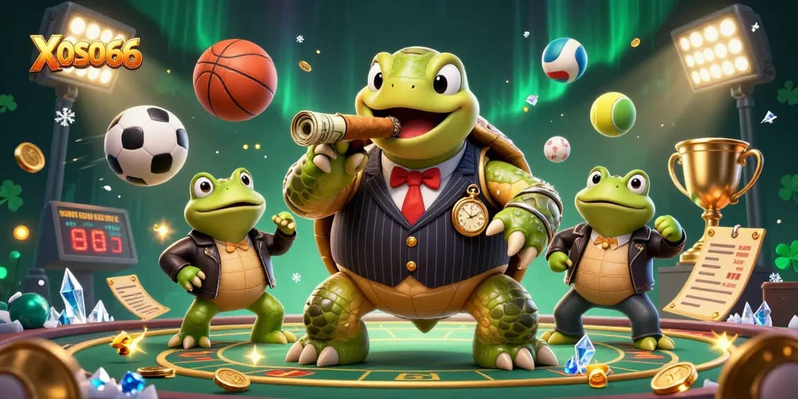 XOSO66's vibrant casino scene features cartoon characters amidst dynamic sports elements and engaging gameplay visuals.