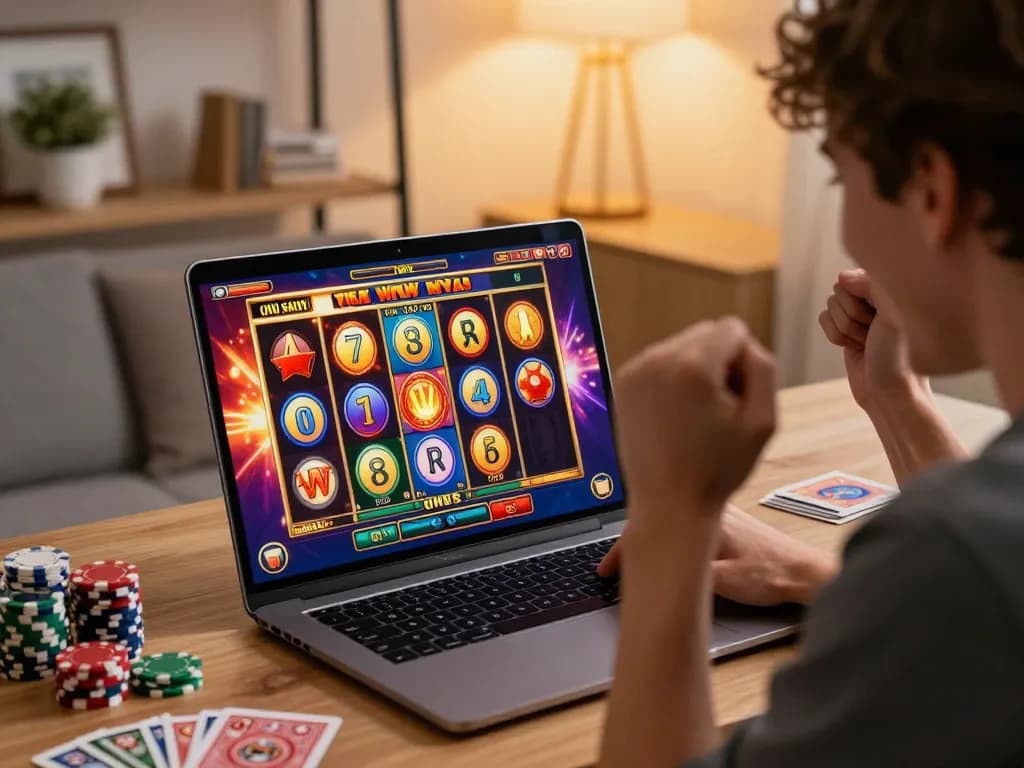 Celebrating a big win on 68win's online slot game in a cozy home office setting.