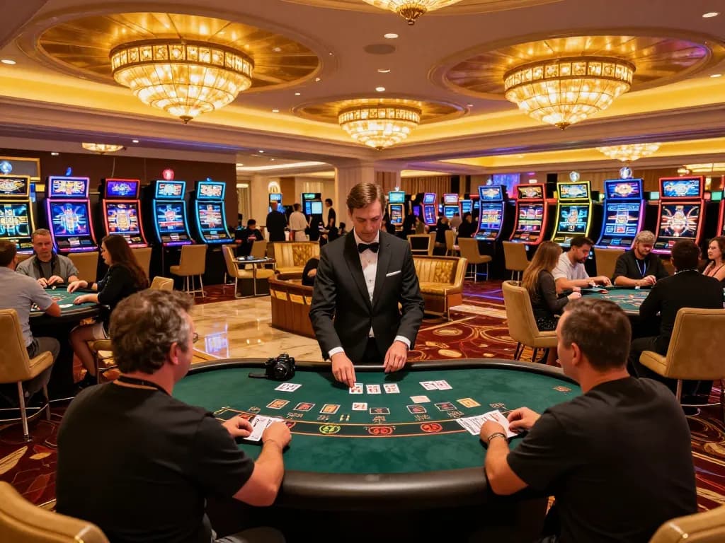 Placed bets at blackjack tables in a vibrant casino scene showcasing man88a's lively atmosphere.