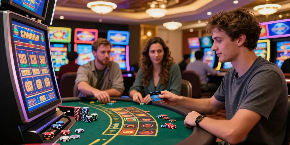 Exciting scene of players enjoying credit card casinos at https://dea.org.uk, showcasing vibrant games and interactive terminals.
