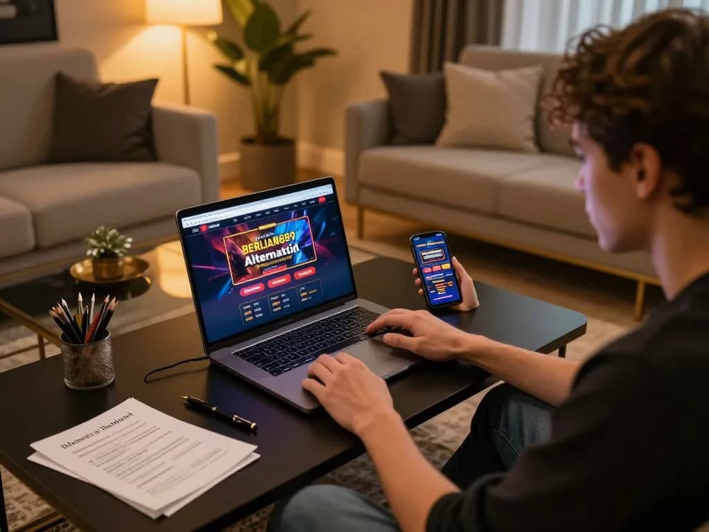 Engaging with BERLIAN889 Alternatif on a laptop in a cozy home gaming setup.
