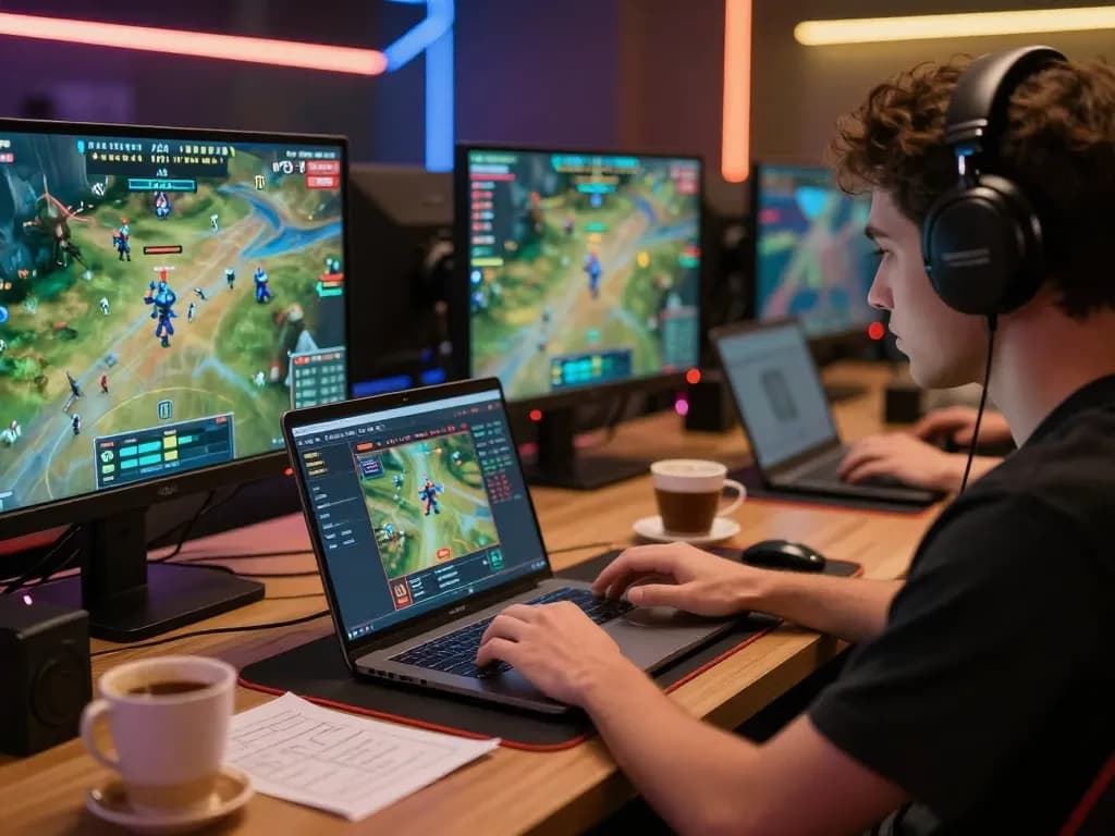 Engaged player using laptop for eSports betting on 8K8 with live event screens and notes.