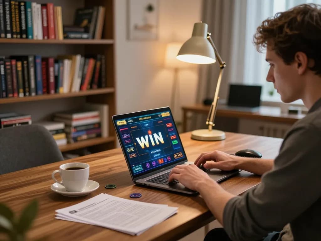 Player mastering rwin strategies at home gaming setup, laptop displaying casino interface and strategy notes