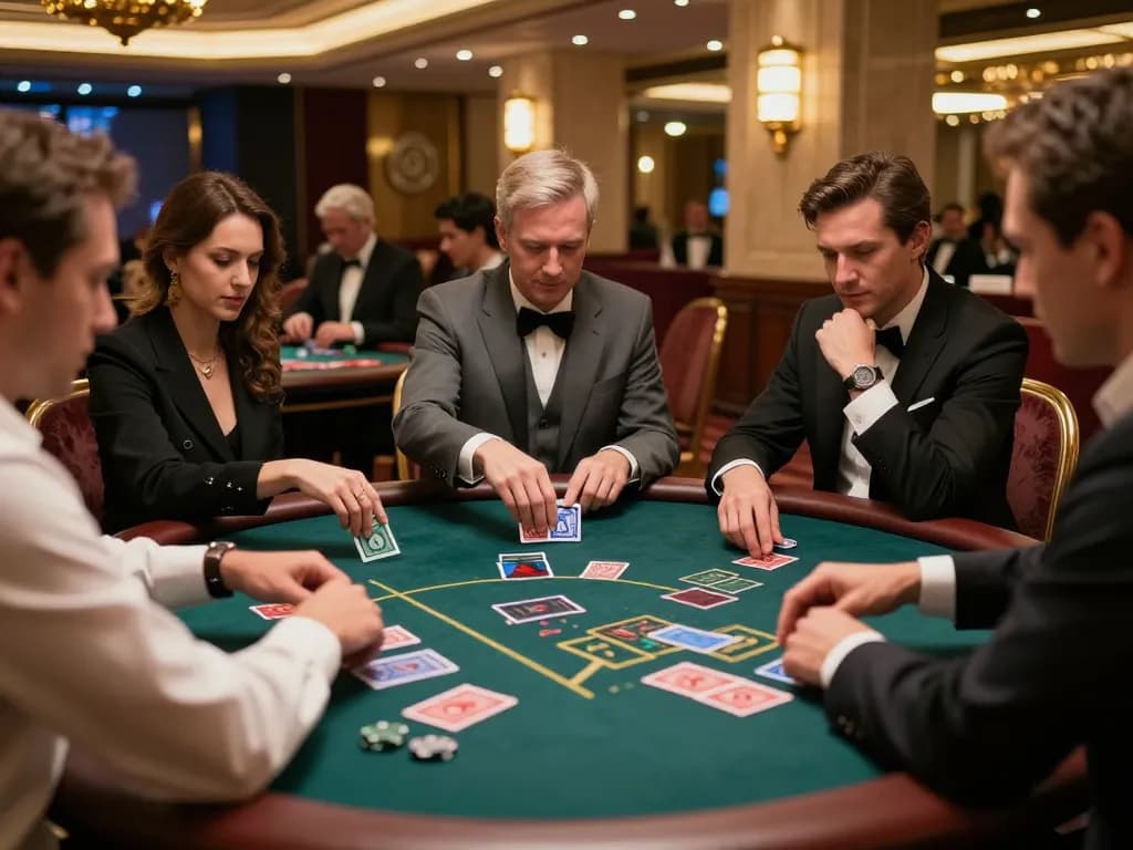 Players strategizing at a live blackjack table in an upscale casino, experiencing the thrills of 8xbet.