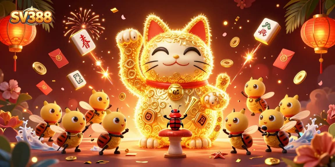 Bet on SV388's lively gaming scene featuring vibrant casino symbols and engaging characters.