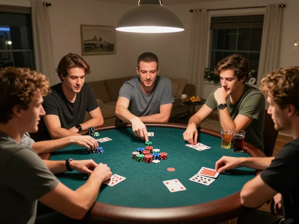 KONG88 poker night with friends strategizing around a vibrant table, showcasing an exciting gaming atmosphere.