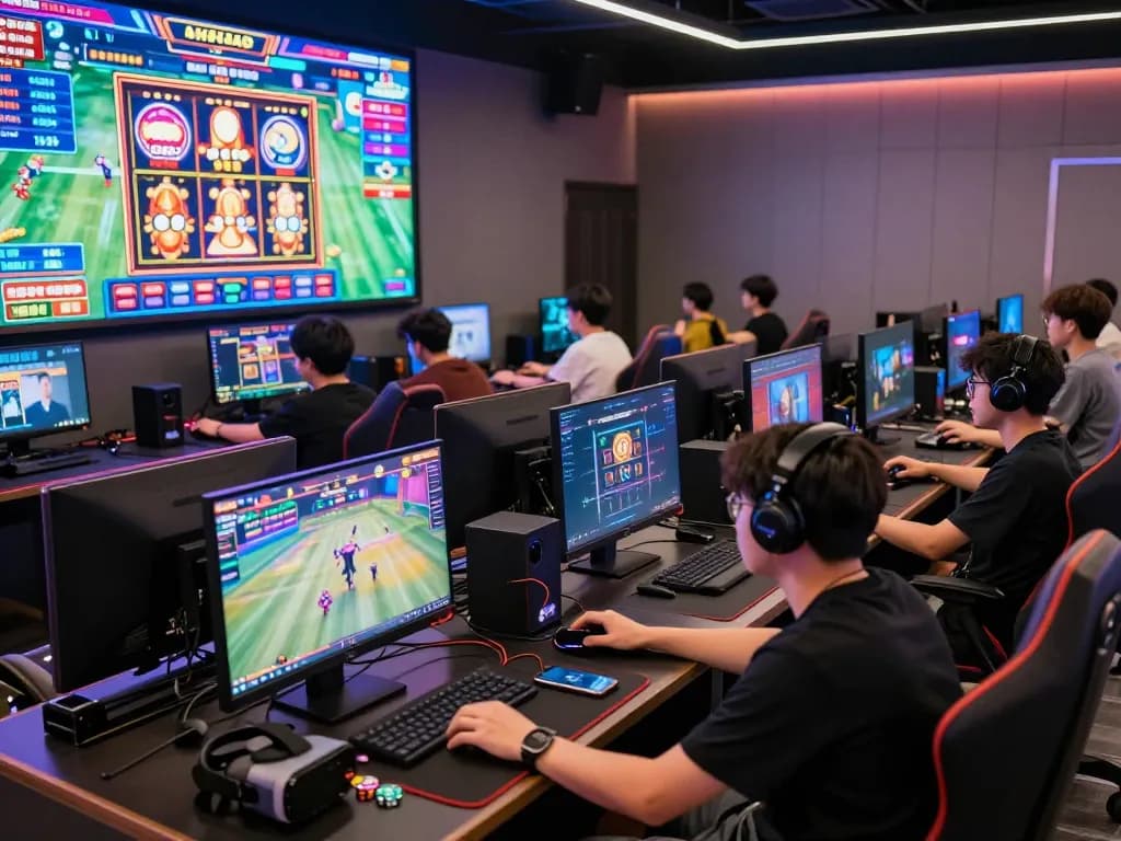Dynamic gaming lounge scene highlighting players engaging with go88 online gaming.