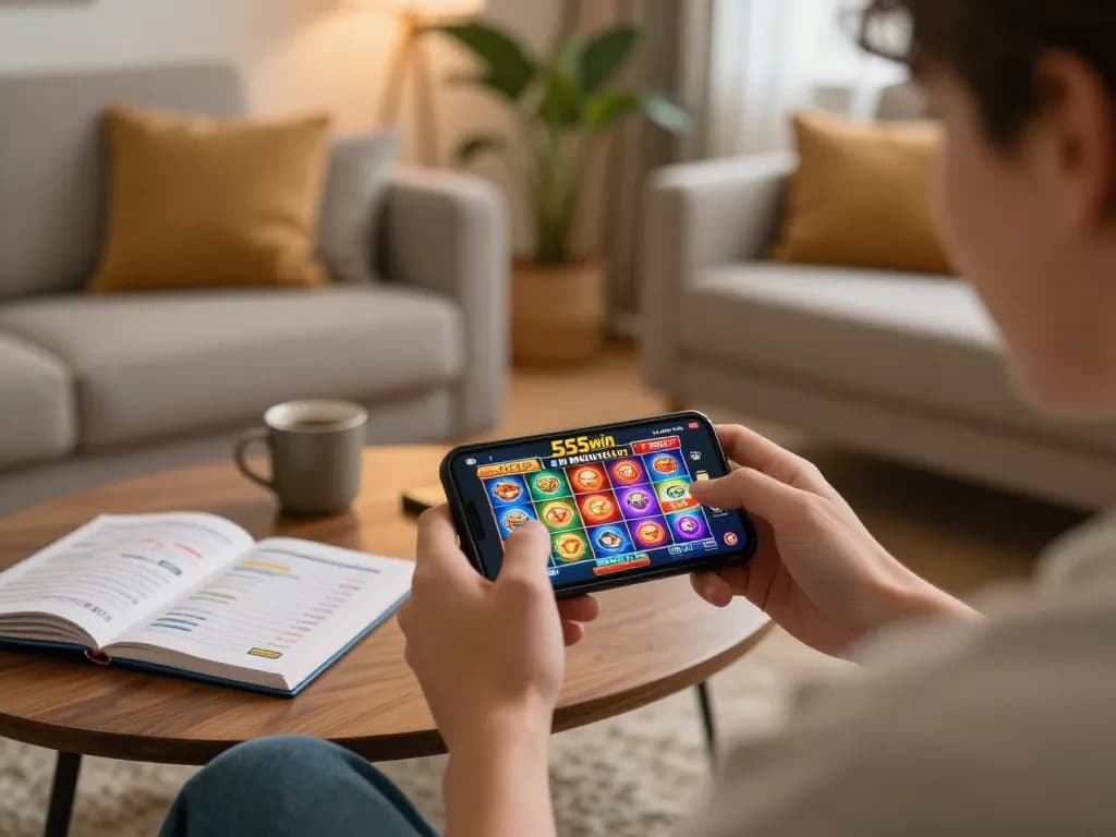Engaging with 555win's mobile app for an exciting slot game experience in a cozy home setting
