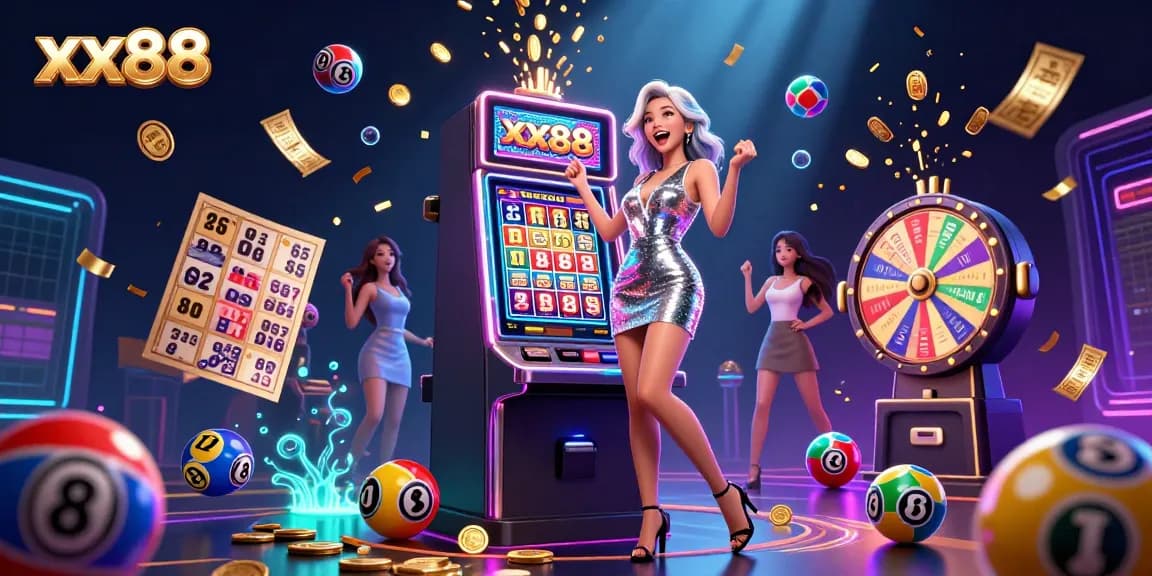 Experience the thrill at xx88 with jackpots erupting, vibrant lottery balls bouncing, and exciting casino elements.
