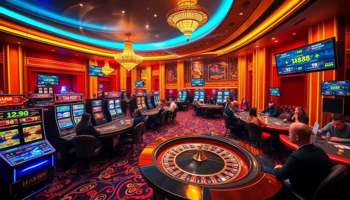 Players enjoying a thrilling game at HAY88 casino, showcasing vibrant slot machines and tables.