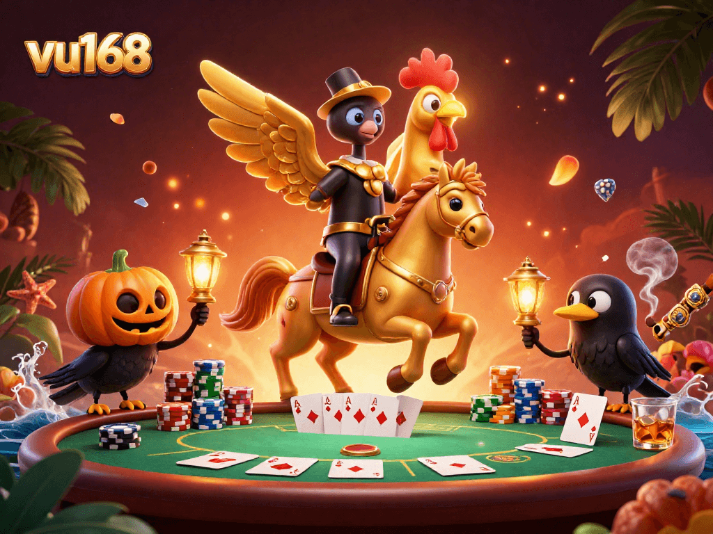 Experience the thrilling action at vu168 with vibrant gaming scenes featuring poker chips and engaging characters.