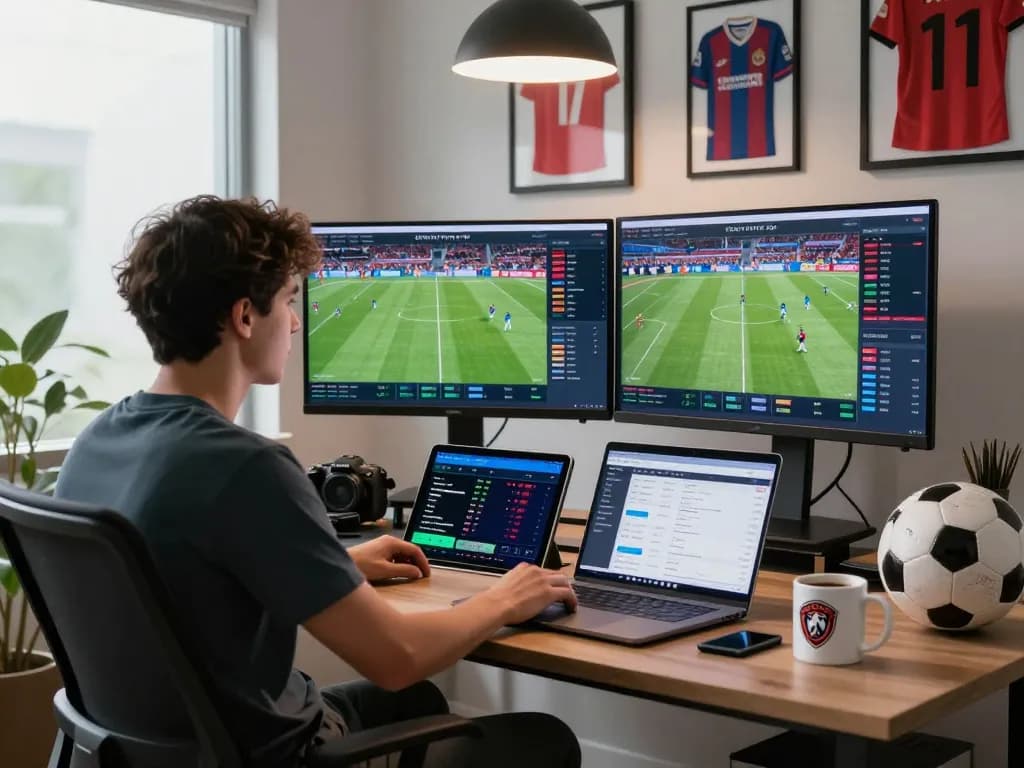 Engaged individual analyzing kèo nhà cái odds in a modern office setting with sports memorabilia and live match displays.