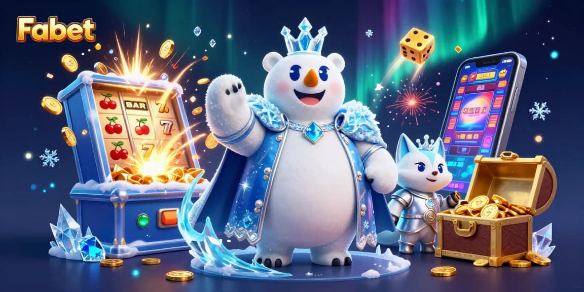 Fabet's dynamic casino scene shows a polar bear and fox amidst slot machines and dazzling energy.