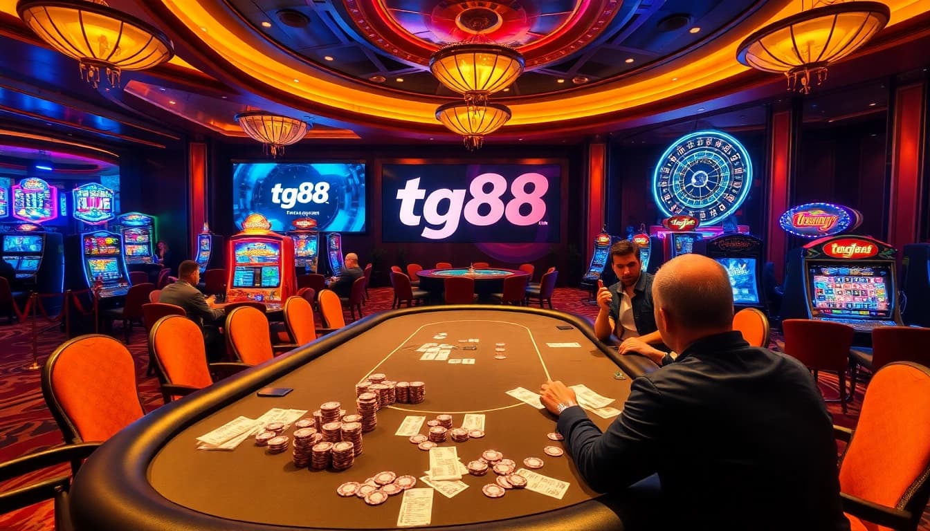 Players enjoying a thrilling experience at tg88 casino featuring poker, slots, and roulette.