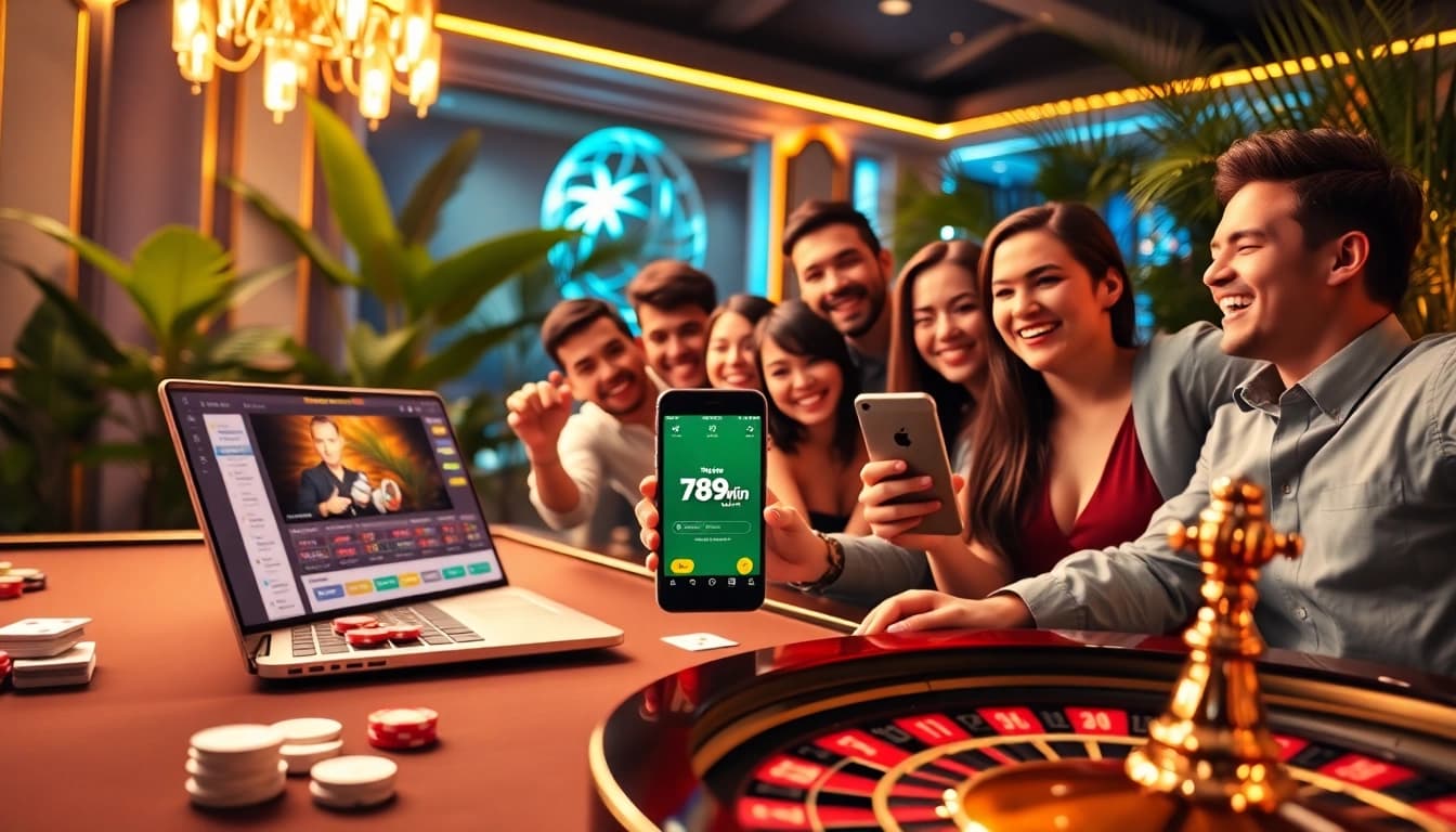 Gambling excitement at 789win casino with poker chips, cards, and joyful players.