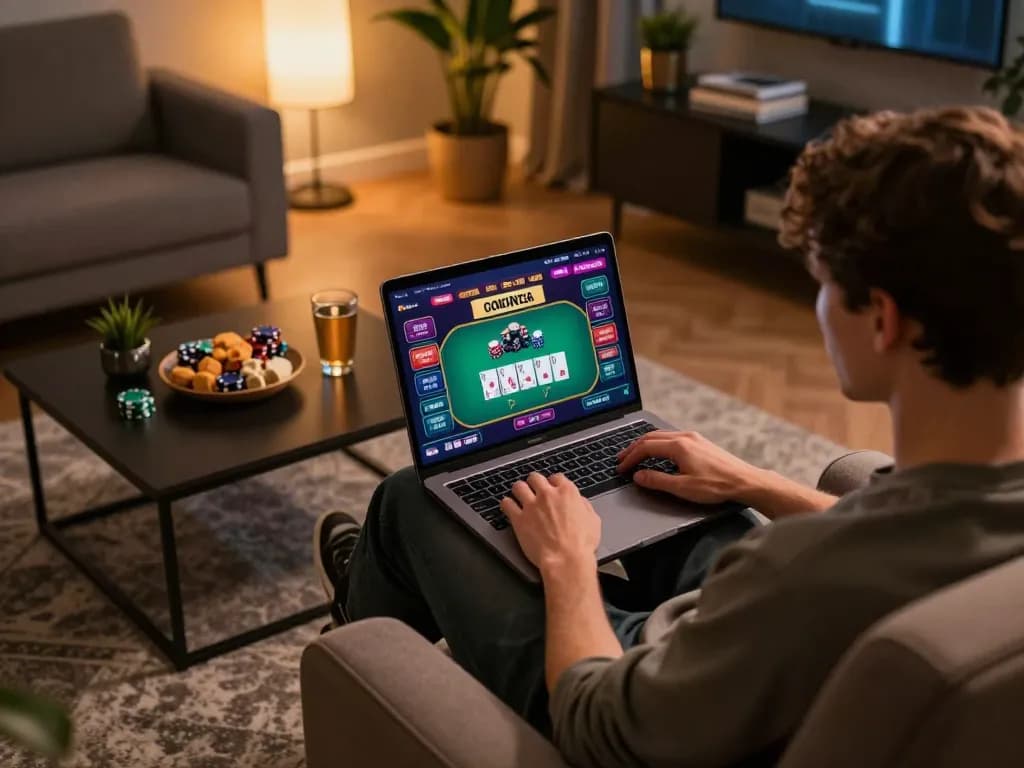 Orang yang terlibat dalam permainan online dengan antarmuka kasino v87 ditampilkan di laptop, menunjukkan pengaturan permainan yang nyaman.