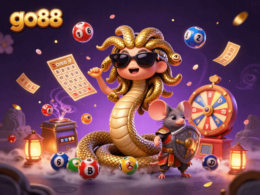 Win big with go88 as you enjoy dynamic lottery balls and vibrant casino elements illuminating the scene.