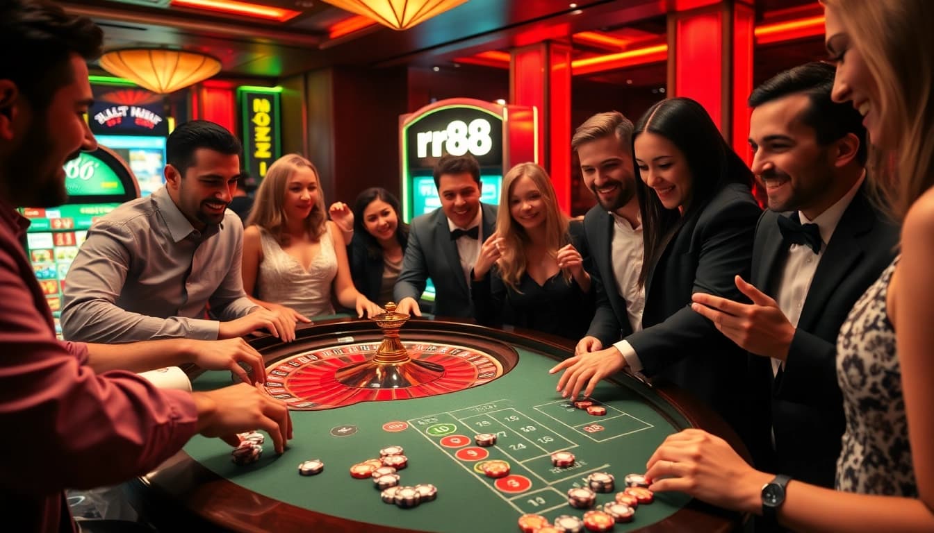 Exciting rr88 casino scene with a vibrant roulette table and players enjoying a high-stakes game.