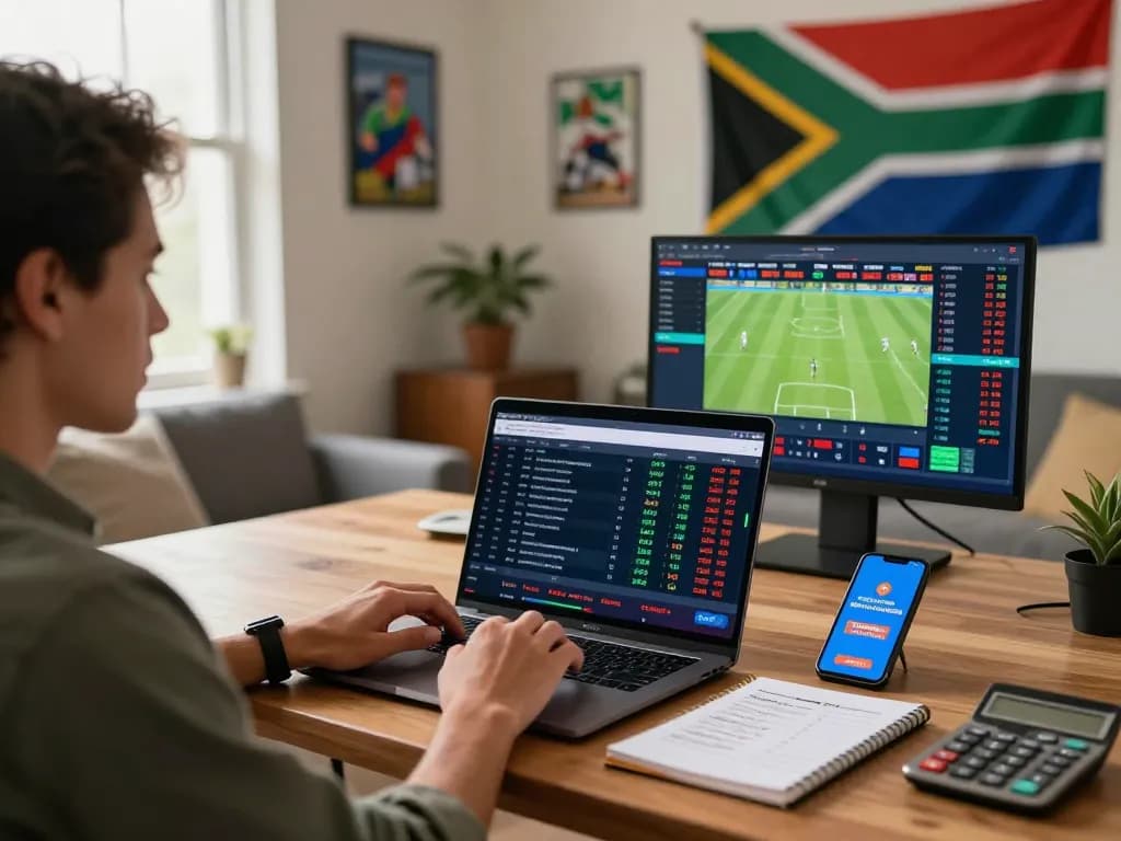 Sports betting South Africa, capturing a focused bettor analyzing odds and betting options on multiple devices at home.