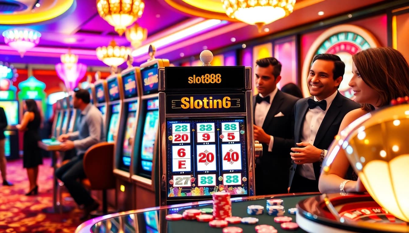 Casual and professional gamblers engaging with the slot888 slot machine in a thrilling casino atmosphere.