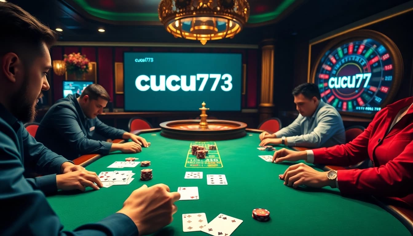 Players engage in high-stakes poker at a luxurious casino scene with cucu777 betting interface visible.