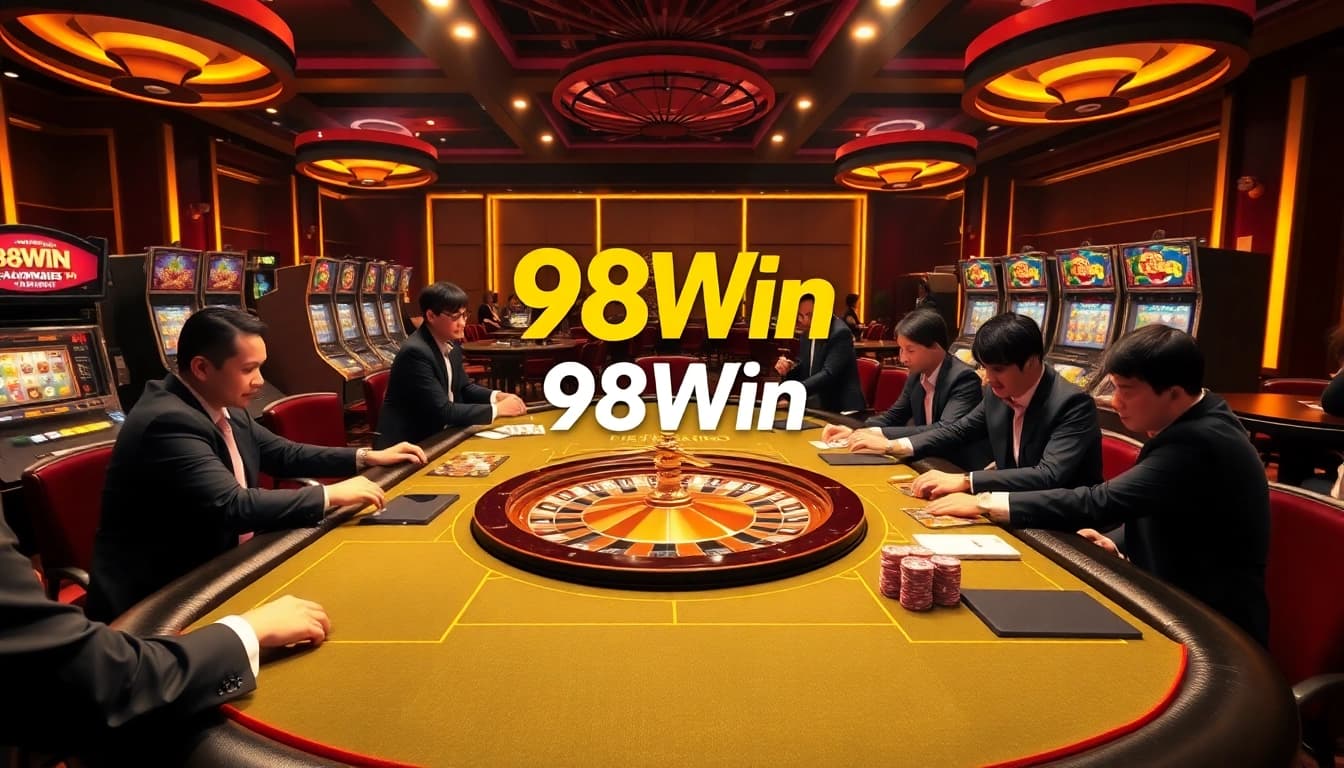 Experience the thrill of 98Win with vibrant casino games, poker chips, and a roulette wheel in action.