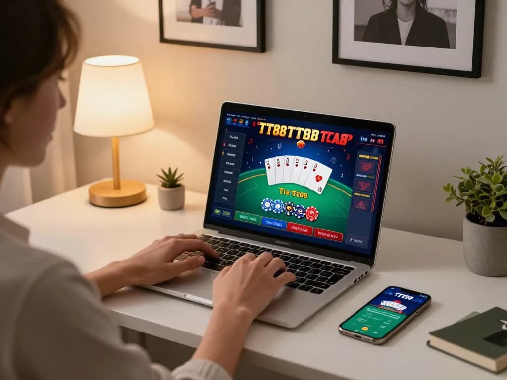 Player engaging in TT88 online gaming on a modern setup with laptop and smartphone.