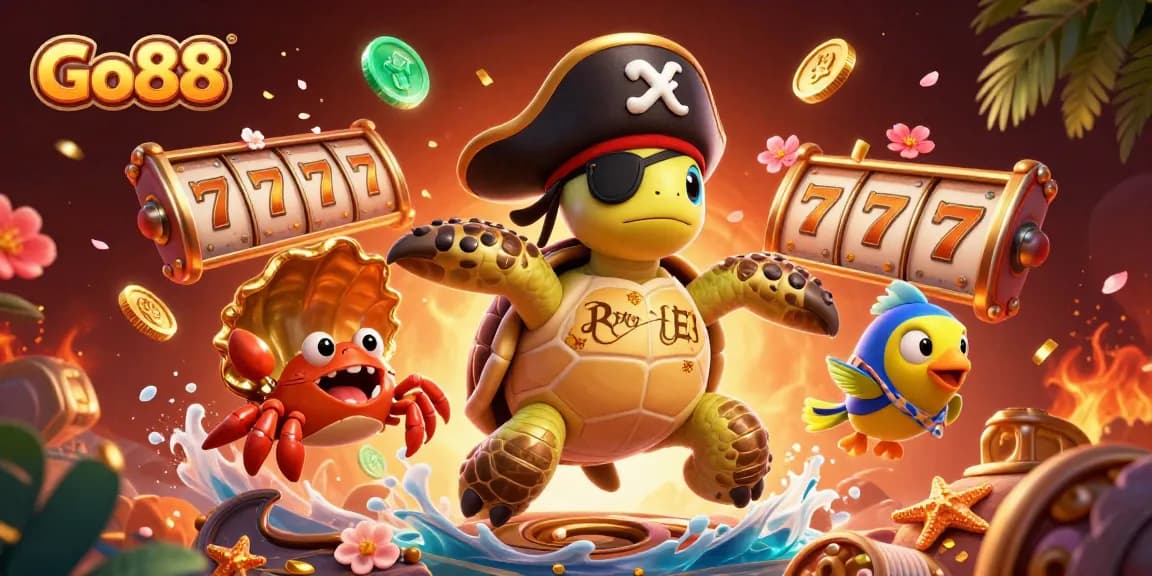 Engage with Go88's vibrant slots featuring a cartoon pirate turtle and mystical treasures.