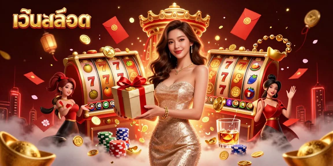 Engage in the excitement of เว็บสล็อต with vibrant slot machines, golden coins, and festive characters.