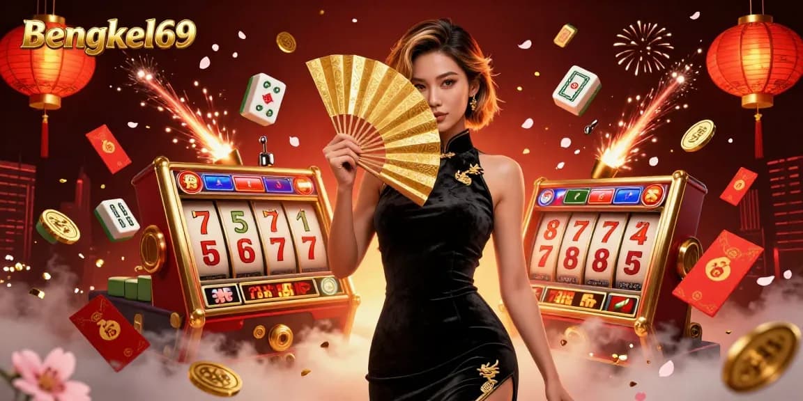 Bengkel69 visualizes thrilling slot wins with a stunning Asian woman and rich game elements.