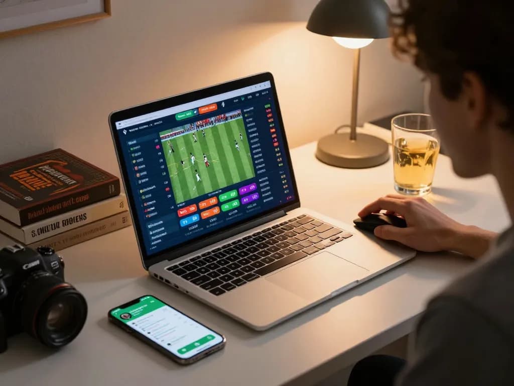 LIGALGO Daftar in action, person engaged in online sports betting showing live odds on laptop screen.