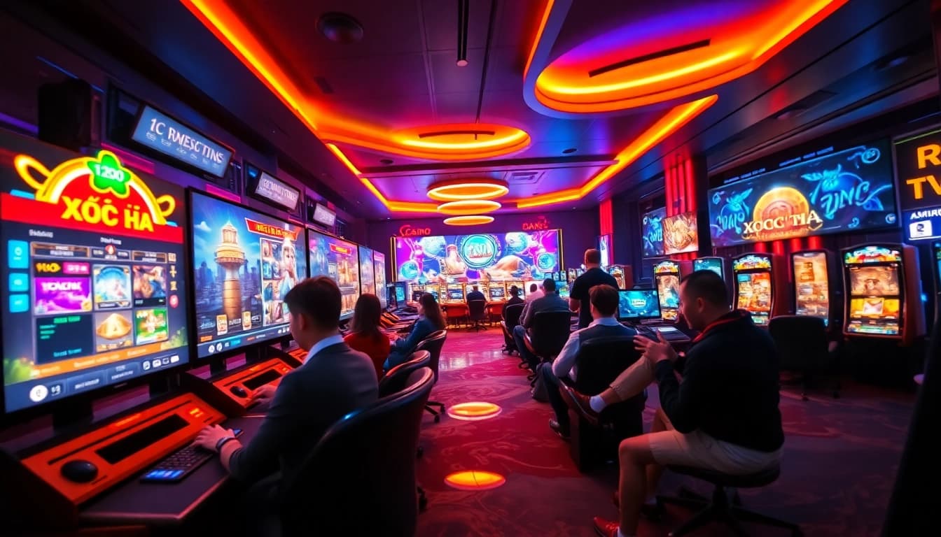 Experience the thrilling online gaming environment of XOCDIA88, featuring vibrant casino visuals and engaging players.