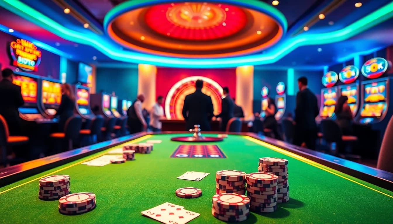 KJC casino scene highlighting poker chips and roulette wheels, reflecting luxury and excitement.