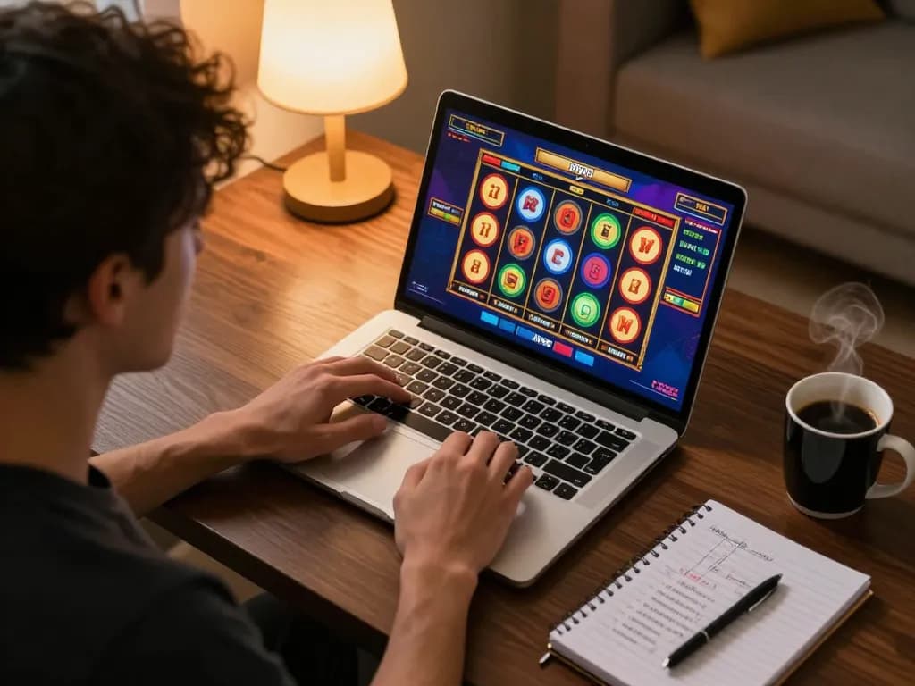 Pemain berinteraksi dengan permainan kasino online SN2121 di laptop, menampilkan gameplay dinamis dalam lingkungan yang nyaman