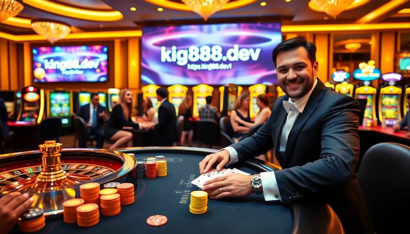 Exciting casino atmosphere with players engaging at https://king888.dev/ blackjack table and slot machines.