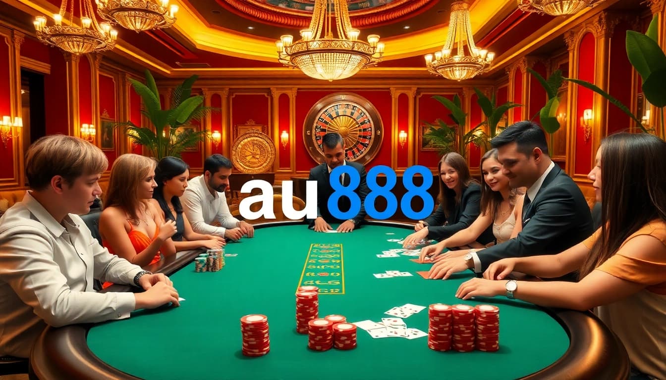 au88 players enjoying an exciting poker game at a luxurious casino table with chips and cards