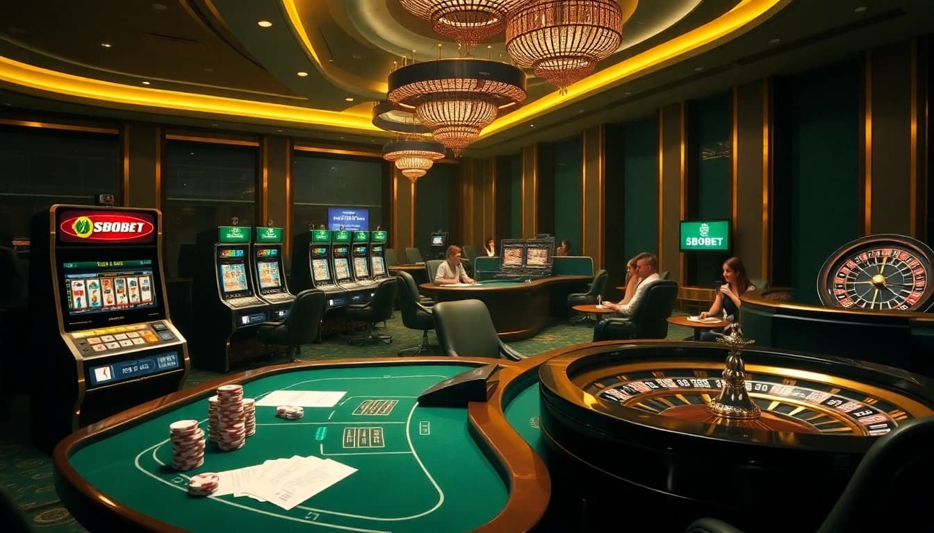 SBOBET online gambling scene with elegant casino tables and vibrant slot machines enhancing the gaming experience.
