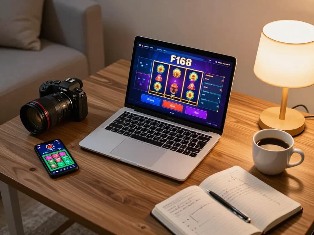 Engaging in online gambling at F168 with a laptop and smartphone, highlighting a cozy gaming setup.