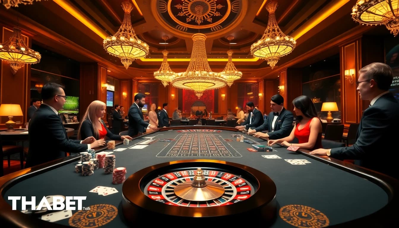 Exciting casino gaming scene at THABET with dealers, poker chips, and roulette wheel.