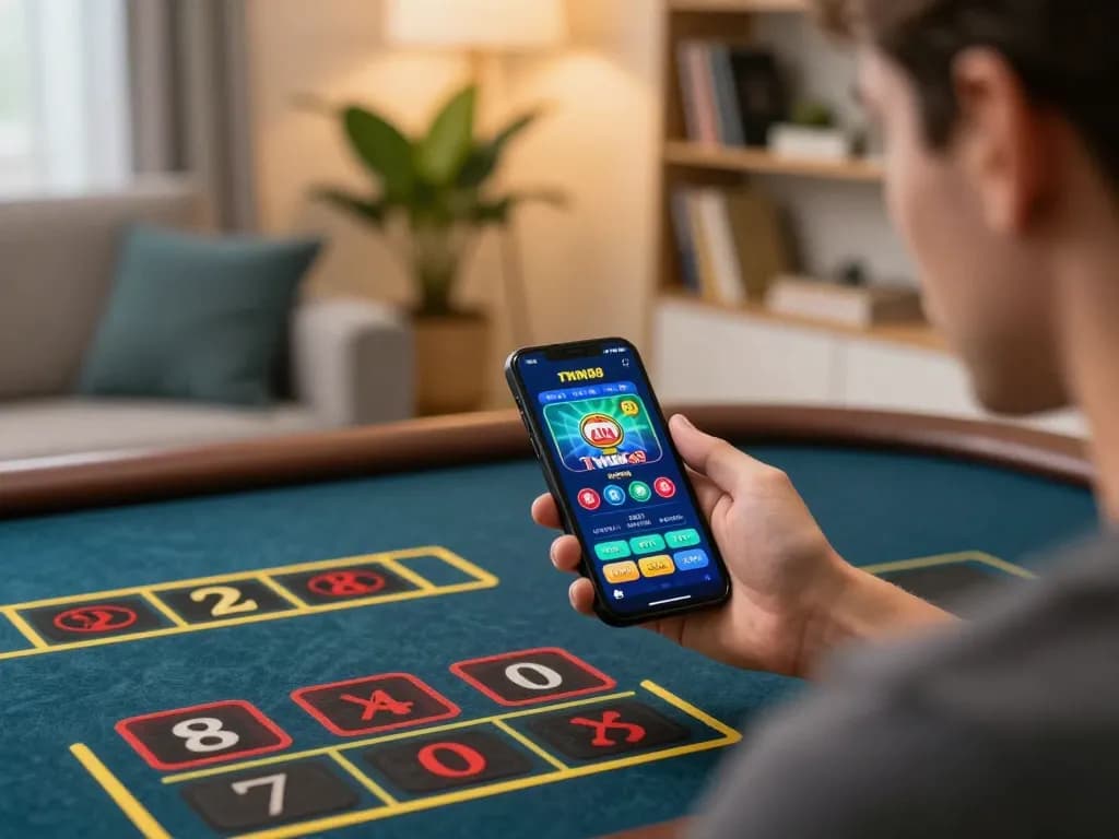 TWIN68 player betting on a live dealer game using smartphone in a cozy home environment