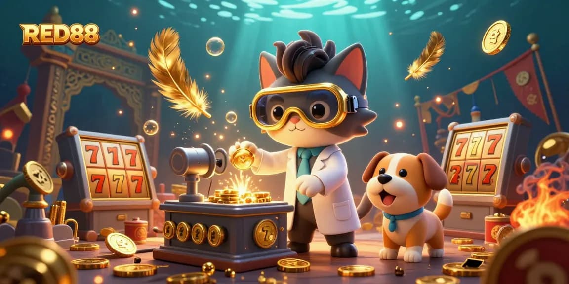 Creating fortunes at RED88 casino with a mad scientist cat and assistant in a vibrant underwater scene.