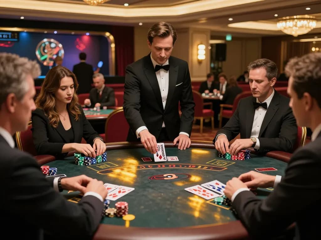 Engaging blackjack players focus on cards and chips at debet88 casino table