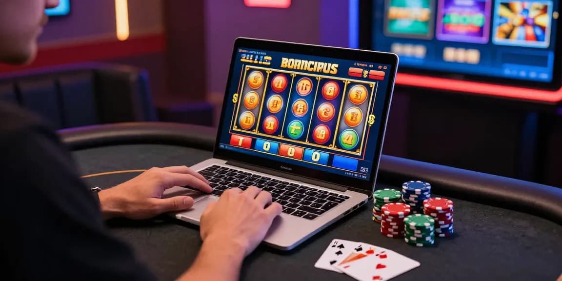 Player enjoying bonus buy slots on a laptop with poker chips and cards, showcasing an exciting online casino atmosphere.