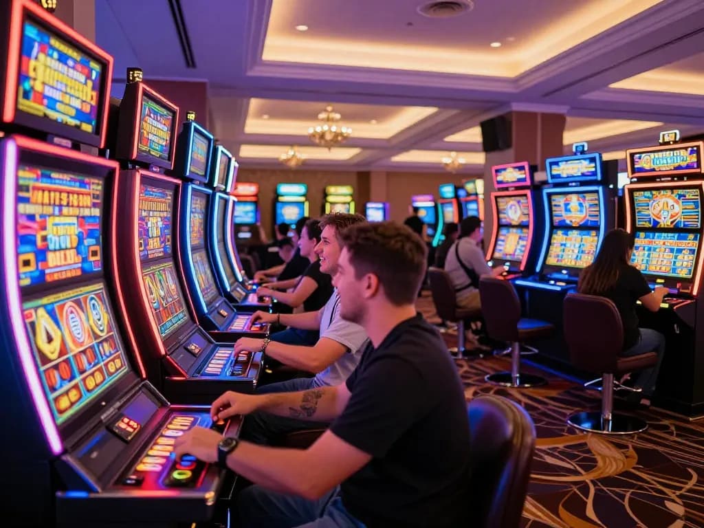 DABET players experiencing thrilling wins at vibrant slot machines glowing with excitement.